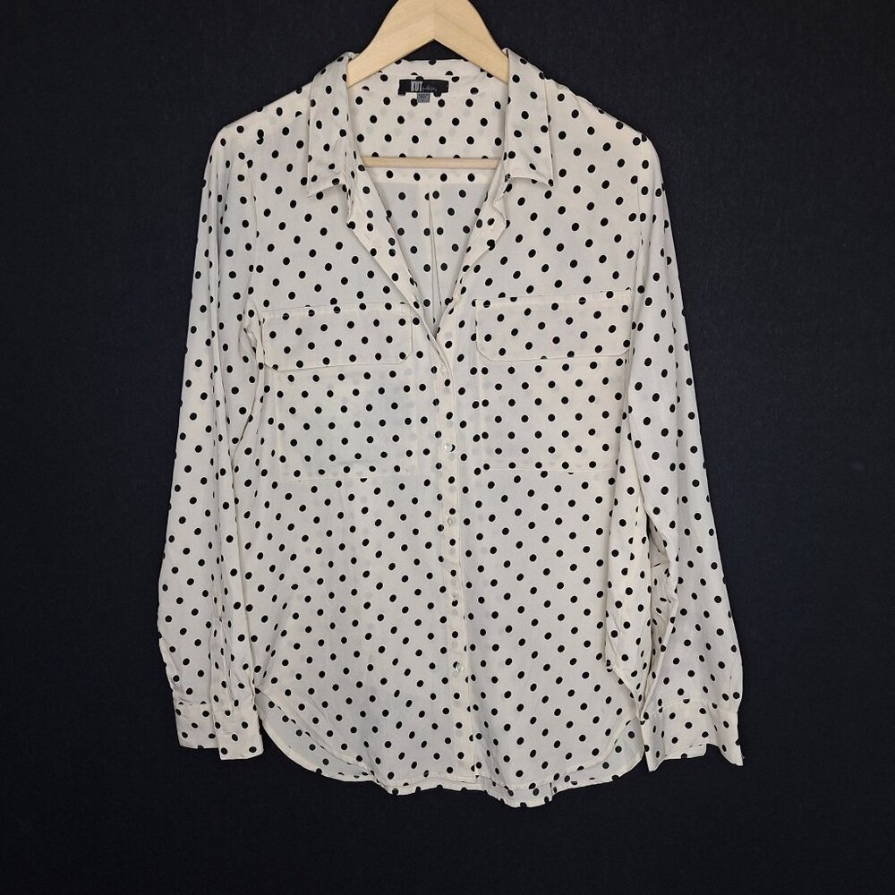 💙 Kut from the Kloth Polkadot Lightweight Button Up Shirt Size L Preppy Comfy C